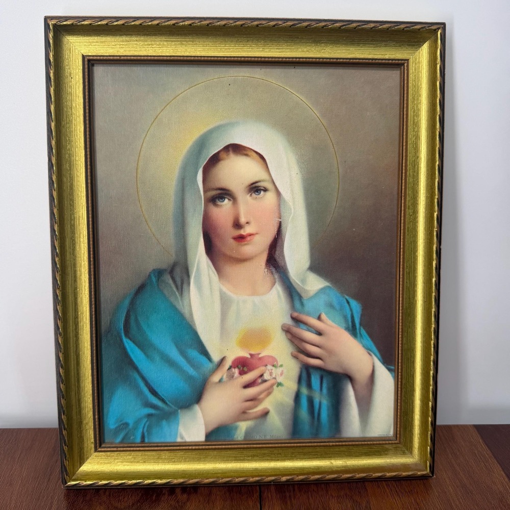 VTG Italy Cromo NB Milano Immaculate Heart Mary 8x10 Gilted Framed Lithograph